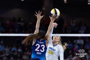 Omaha Supernovas Kaitlyn Hord (23) blocks a spike from San Diego Mojo Leyla Blackwell (26) during a professional volleyball match, Sunday, January 19, 2025, in Omaha, Nebraska. Photo by John S. Peterson.