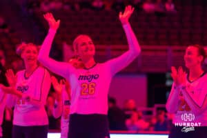 San Diego Mojo and former Nebraska player Leyla Blackwell (26) greeted with loud cheers from the fans before taking on the Omaha Supernovas during a professional volleyball match, Sunday, January 19, 2025, in Omaha, Nebraska. Photo by John S. Peterson.