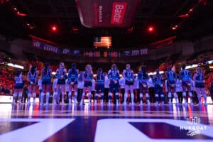 Omaha Supernovas line up for the National Anthem before taking on the San Diego Mojo during a professional volleyball match, Sunday, January 19, 2025, in Omaha, Nebraska. Photo by John S. Peterson.
