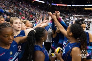 Omaha Supernovas huddle up before taking on the San Diego Mojo during a professional volleyball match, Sunday, January 19, 2025, in Omaha, Nebraska. Photo by John S. Peterson.