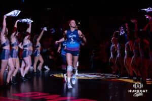 Omaha Supernovas Brooke Nuneviller (5) leads the team out on to the court to take on the San Diego Mojo during a professional volleyball match, Sunday, January 19, 2025, in Omaha, Nebraska. Photo by John S. Peterson.