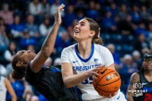 Creighton Bluejay Elizabeth Gentry drives in for a layup during a basketball game at Sokol Arena on Saturday, January 18, 2025, in Omaha, Nebraska. Photo by Collin Stilen.