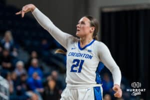Creighton Bluejay Molly Mogensen watches her shot go in the hoop during a basketball game at Sokol Arena on Saturday, January 18, 2025, in Omaha, Nebraska. Photo by Collin Stilen.