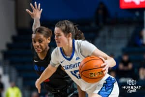 Creighton Bluejay Lauren Jensen heading for a layup during a basketball game at Sokol Arena on Saturday, January 18, 2025, in Omaha, Nebraska. Photo by Collin Stilen.
