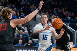 Creighton Bluejay Lauren Jensen looking for a pass during a basketball game at Sokol Arena on Saturday, January 18, 2025, in Omaha, Nebraska. Photo by Collin Stilen.
