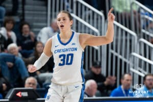 Creighton Bluejay Morgan Maly celebrates after a point during a basketball game at Sokol Arena on Saturday, January 18, 2025, in Omaha, Nebraska. Photo by Collin Stilen.