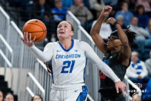 Creighton Bluejay Molly Mogensen goes for a layup during a basketball game at Sokol Arena on Saturday, January 18, 2025, in Omaha, Nebraska. Photo by Collin Stilen.