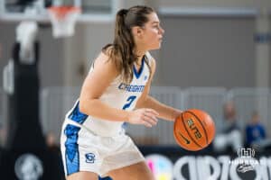 Creighton Bluejay Kennedy Townsend looks for a pass during a basketball game at Sokol Arena on Saturday, January 18, 2025, in Omaha, Nebraska. Photo by Collin Stilen.