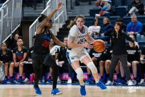 Creighton Bluejay Lauren Jensen drives to the lane during a basketball game at Sokol Arena on Saturday, January 18, 2025, in Omaha, Nebraska. Photo by Collin Stilen.