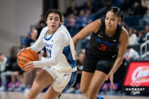 Creighton Bluejay Kiani Lockett heading to the bucket during a basketball game at Sokol Arena on Saturday, January 18, 2025, in Omaha, Nebraska. Photo by Collin Stilen.