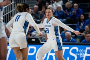 Creighton Bluejay Molly Mogensen talks with her teammates after a three point play during a basketball game at Sokol Arena on Saturday, January 18, 2025, in Omaha, Nebraska. Photo by Collin Stilen.