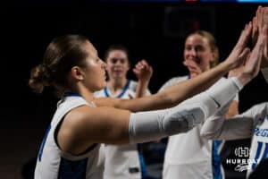Creighton Bluejay Morgan Maly during the pregame lineups during a basketball game at Sokol Arena on Saturday, January 18, 2025, in Omaha, Nebraska. Photo by Collin Stilen.
