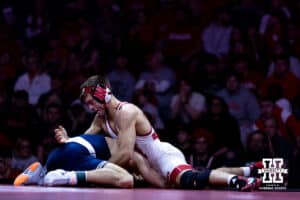 Nebraska's Bubba Wilson fights back against Penn State's Mitchell Mesenbrink at 165lbs during a college wrestling match, Friday, January 17, 2025, in Lincoln, Nebraska. Photo by John S. Peterson.