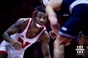 Nebraska's Antrell Taylor looks for an opening against Penn State's Tyler Kasak at 157lbs during a college wrestling match, Friday, January 17, 2025, in Lincoln, Nebraska. Photo by John S. Peterson.