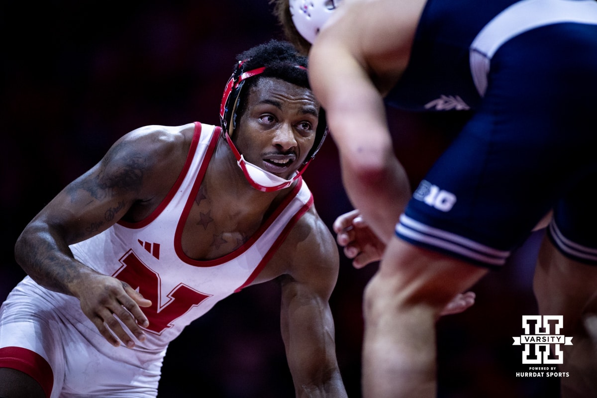 Nebraska's Antrell Taylor looks for an opening against Penn State's Tyler Kasak at 157lbs during a college wrestling match, Friday, January 17, 2025, in Lincoln, Nebraska. Photo by John S. Peterson.
