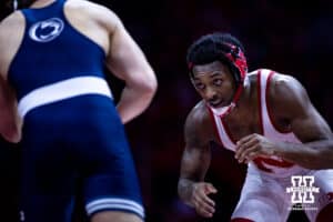 Nebraska's Antrell Taylor wrestles Penn State's Tyler Kasak at 157lbs during a college wrestling match, Friday, January 17, 2025, in Lincoln, Nebraska. Photo by John S. Peterson.