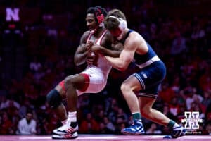 Nebraska's Antrell Taylor fights back against Penn State's Tyler Kasak at 157lbs during a college wrestling match, Friday, January 17, 2025, in Lincoln, Nebraska. Photo by John S. Peterson.