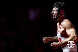 Nebraska's Ridge Lovett celebrates the win over Penn State's Shayne Van Ness at 149lbs during a college wrestling match, Friday, January 17, 2025, in Lincoln, Nebraska. Photo by John S. Peterson.