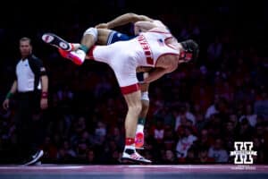 Nebraska's Ridge Lovett throw Penn State's Shayne Van Ness at 149lbs during a college wrestling match, Friday, January 17, 2025, in Lincoln, Nebraska. Photo by John S. Peterson.