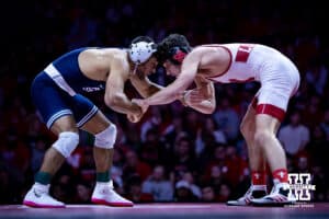 Nebraska's Ridge Lovett ties up with Penn State's Shayne Van Ness at 149lbs during a college wrestling match, Friday, January 17, 2025, in Lincoln, Nebraska. Photo by John S. Peterson.