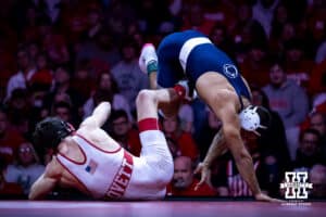 Nebraska's Ridge Lovett throws off Penn State's Shayne Van at 149lbs during a college wrestling match, Friday, January 17, 2025, in Lincoln, Nebraska. Photo by John S. Peterson.