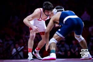 Nebraska's Ridge Lovett takes on Penn State's Shayne Van Ness at 149lbs during a college wrestling match, Friday, January 17, 2025, in Lincoln, Nebraska. Photo by John S. Peterson.