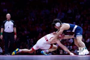 Nebraska's Brock Hardy shoots for a leg against Penn State's Beau Barlett at 141lbs during a college wrestling match, Friday, January 17, 2025, in Lincoln, Nebraska. Photo by John S. Peterson.