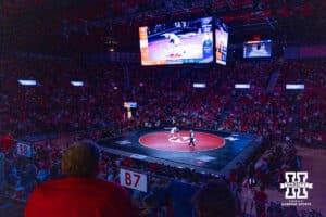 Nebraska's Cacob Van Dee takes on Penn State's Braeden Davis at 133lbs in front of a record crowd of 6,736 during a college wrestling match, Friday, January 17, 2025, in Lincoln, Nebraska. Photo by John S. Peterson
