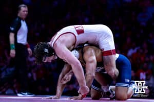 Nebraska's Harley Andrews break down Penn State's Greg Kerkvliet at 285lbs during a college wrestling match, Friday, January 17, 2025, in Lincoln, Nebraska. Photo by John S. Peterson.