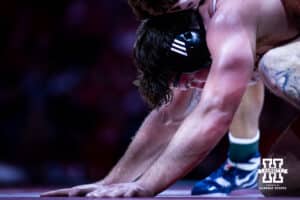 Nebraska's Harley Andrews wrestles against Penn State's Greg Kerkvliet at 285lbs during a college wrestling match, Friday, January 17, 2025, in Lincoln, Nebraska. Photo by John S. Peterson.
