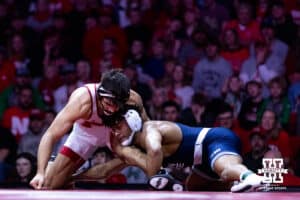 Nebraska's Silas Allred wrestles against Penn State's Carter Starocci at 184lbs during a college wrestling match, Friday, January 17, 2025, in Lincoln, Nebraska. Photo by John S. Peterson.