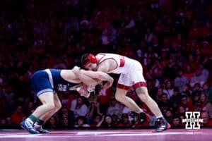 Nebraska's Lenny Pinto ties up with Penn State's Levi Haines at 174lbs during a college wrestling match, Friday, January 17, 2025, in Lincoln, Nebraska. Photo by John S. Peterson.