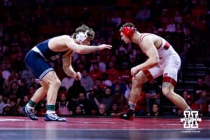 Nebraska's Lenny Pinto takes on Penn State's Levi Haines at 174lbs during a college wrestling match, Friday, January 17, 2025, in Lincoln, Nebraska. Photo by John S. Peterson.