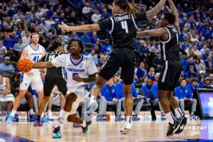 Creighton Bluejays guard Jamiya Neal (5) makes a pass to Creighton Bluejays forward Mason Miller (13) to make a three-point shot against the Providence Friars in the second half during a college basketball game, Tuesday, January 14, 2025, in Omaha, Nebraska. Photo by John S. Peterson.