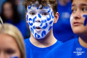 Creighton Bluejays hype squad member reacts to the camera during a college basketball game against the Providence Friars, Tuesday, January 14, 2025, in Omaha, Nebraska. Photo by John S. Peterson.