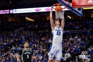 Creighton Bluejays forward Mason Miller (13) dunks the ball agasint Providence Friars guard Jabri Abdur-Rahim (3) in the first half during a college basketball game, Tuesday, January 14, 2025, in Omaha, Nebraska. Photo by John S. Peterson.