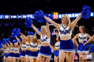 Creighton Bluejays cheerleaders perform at a break in the action against the Providence Friars in the first half during a college basketball game, Tuesday, January 14, 2025, in Omaha, Nebraska. Photo by John S. Peterson.