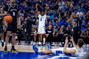Creighton Bluejays guard Jamiya Neal (5) celebrates teammate Jamiya Neal drawing a foul from Providence Friars in the first half during a college basketball game, Tuesday, January 14, 2025, in Omaha, Nebraska. Photo by John S. Peterson.