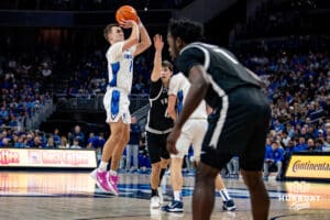 Creighton Bluejays guard Steven Ashworth (1) makes a three-point shot against the Providence Friars in the first half during a college basketball game, Tuesday, January 14, 2025, in Omaha, Nebraska. Photo by John S. Peterson.