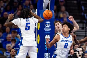 Creighton Bluejays forward Jasen Green (0) watches the ball to rebound it against the Providence Friars in the first half during a college basketball game, Tuesday, January 14, 2025, in Omaha, Nebraska. Photo by John S. Peterson.