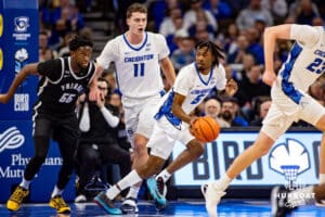 Creighton Bluejays guard Jamiya Neal (5) returns the ball down the court against the Providence Friars in the first half during a college basketball game, Tuesday, January 14, 2025, in Omaha, Nebraska. Photo by John S. Peterson.