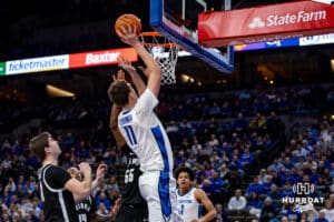 Creighton Bluejays center Ryan Kalkbrenner (11) makes a layup against the Providence Friars in the first half during a college basketball game, Tuesday, January 14, 2025, in Omaha, Nebraska. Photo by John S. Peterson.