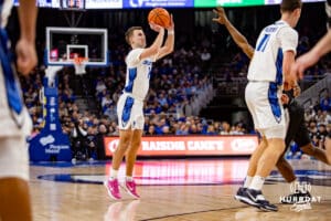 Creighton Bluejays guard Steven Ashworth (1) makes a three-point shot against the Providence Friars in the first half during a college basketball game, Tuesday, January 14, 2025, in Omaha, Nebraska. Photo by John S. Peterson.