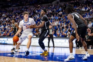 Creighton Bluejays center Ryan Kalkbrenner (11) drives to the basket against Providence Friars forward Oswin Erhunmwunse (55) in the first half during a college basketball game, Tuesday, January 14, 2025, in Omaha, Nebraska. Photo by John S. Peterson.