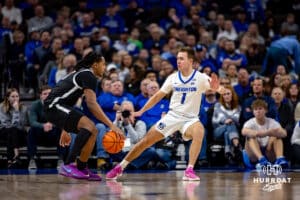 Creighton Bluejays guard Steven Ashworth (1) defends against Providence Friars guard Corey Floyd Jr. (14) in the first half during a college basketball game, Tuesday, January 14, 2025, in Omaha, Nebraska. Photo by John S. Peterson.