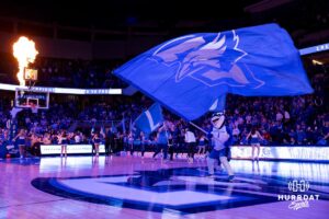 Creighton Bluejays mascot Billy waving the Creighton flag before taking on Providence Friars during a college basketball game, Tuesday, January 14, 2025, in Omaha, Nebraska. Photo by John S. Peterson.