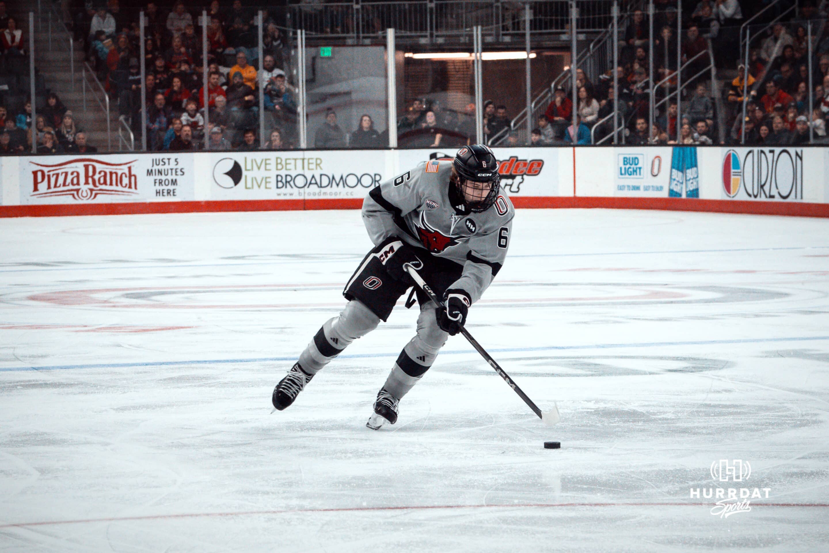 UNO Hockey v Colorado College 2025-01-11 UNO Mavericks player, Zach Urdahl, handles the puck during a college hockey game on Jan 11th, 2025 in Omaha, Nebraska. Photo by Logan Hock