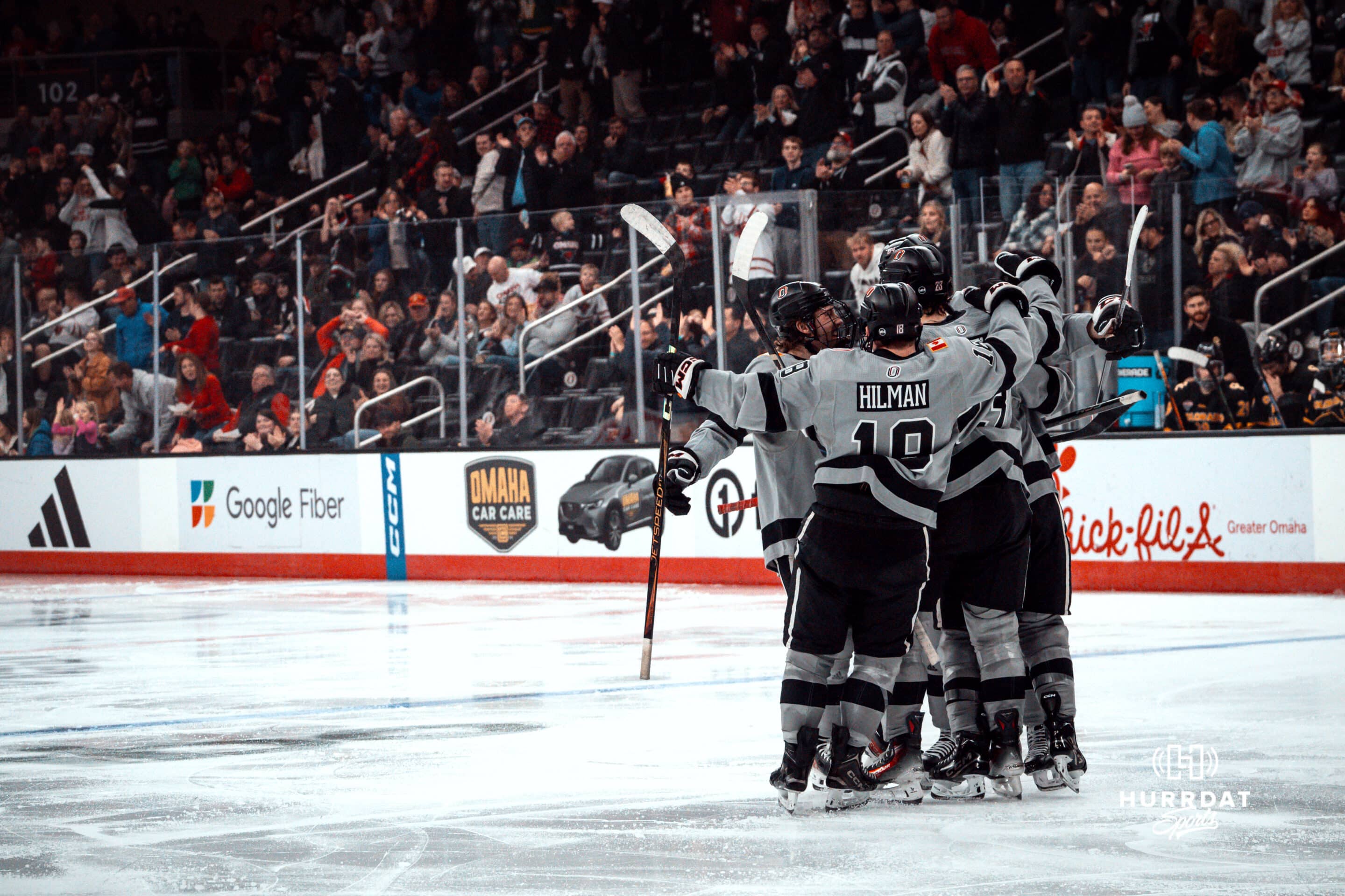 UNO Hockey v Colorado College 2025-01-11 UNO Mavericks players celebrate a goal during a college hockey game on Jan 11th, 2025 in Omaha, Nebraska. Photo by Logan Hock