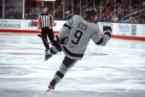 UNO Mavericks player, Brady Risk, celebrates a goal during a college hockey game on Jan 11th, 2025 in Omaha, Nebraska. Photo by Logan Hock
