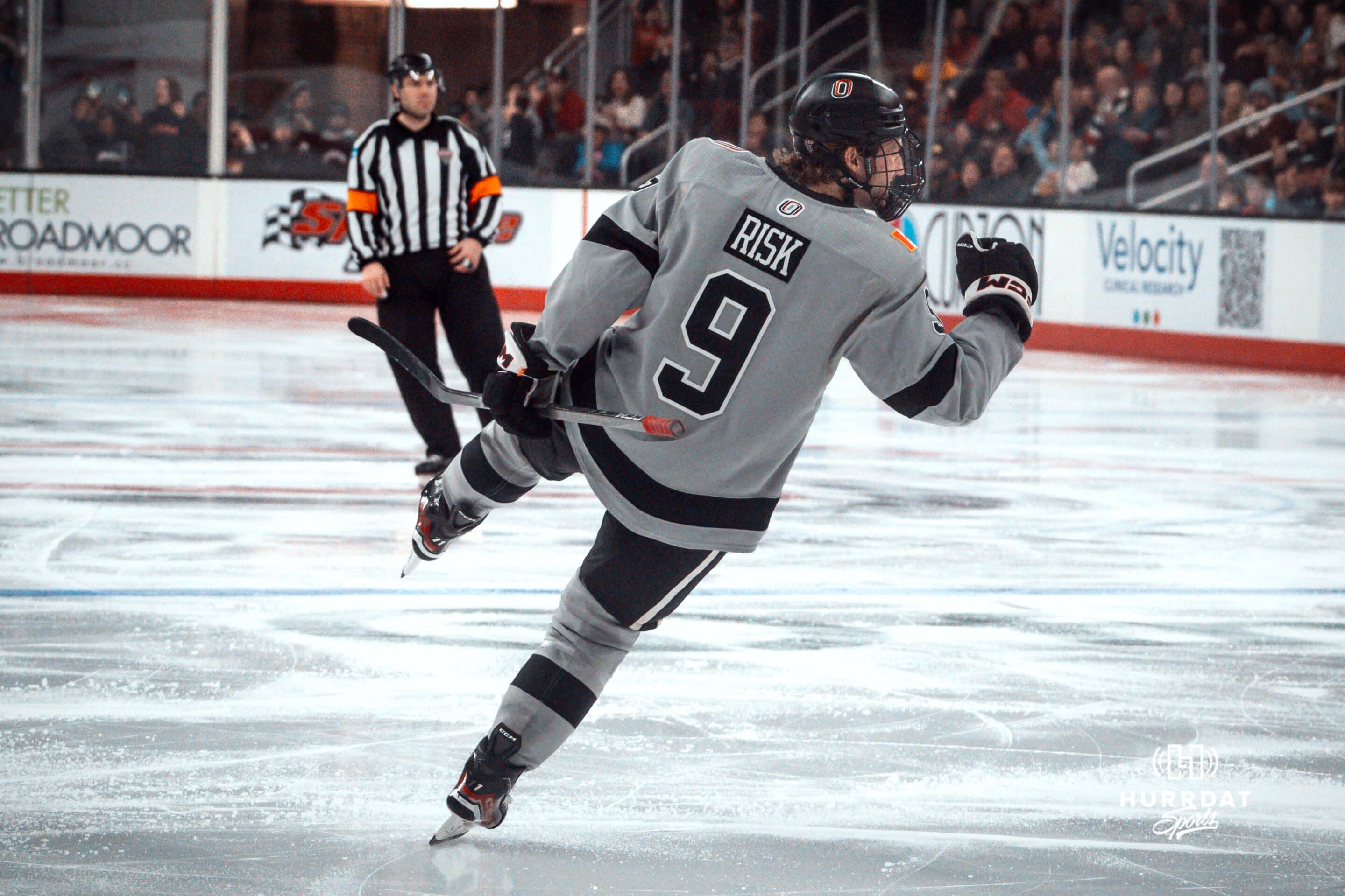 UNO Mavericks player, Brady Risk, celebrates a goal during a college hockey game on Jan 11th, 2025 in Omaha, Nebraska. Photo by Logan Hock